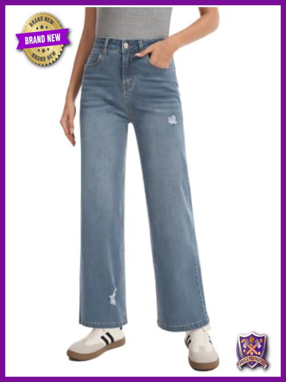 Womens High Waist Straight Leg Stretch Jeans Ripped Denim